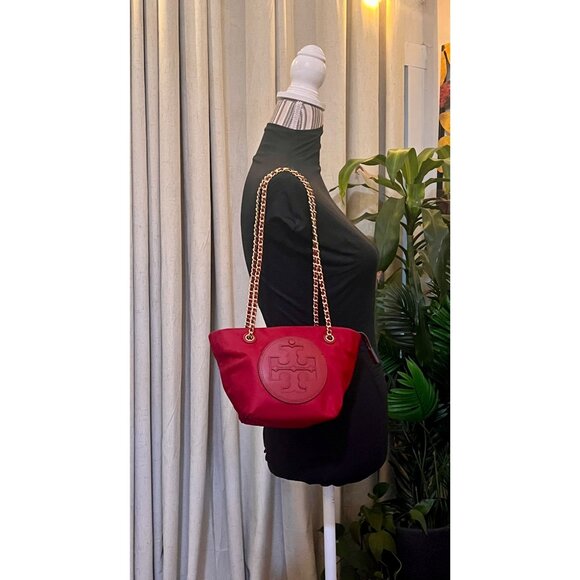 Tory Burch Red Nylon Chain Crossbody Tote With Logo Embossed Patch & Gold Accent - Picture 11 of 11